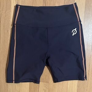 Peloton Women's Dark Blue Bike Shorts with Orange Trim